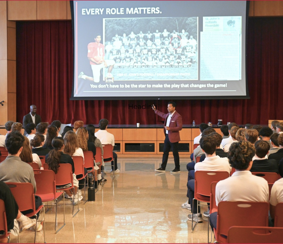 Dr. Michael Wright '90 and Super Bowl champ Vernon Davis meet with SJC students to discuss entrepreneurship and making a difference