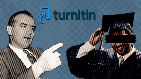 Senator Joseph McCarthy pointing towards a student with a redacted face with the Turnitin logo above them.